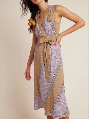 NWT Maeve | Anthropologie Carla Wrap Midi Dress Gold & Pink Multi Size 0 Petite